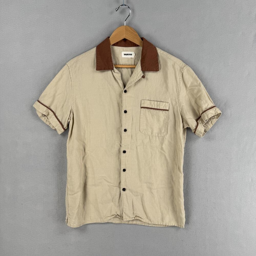 Taylor Stitch Shirt Mens 40 Beige Linen Short Sleeve Button Up Loop Collar